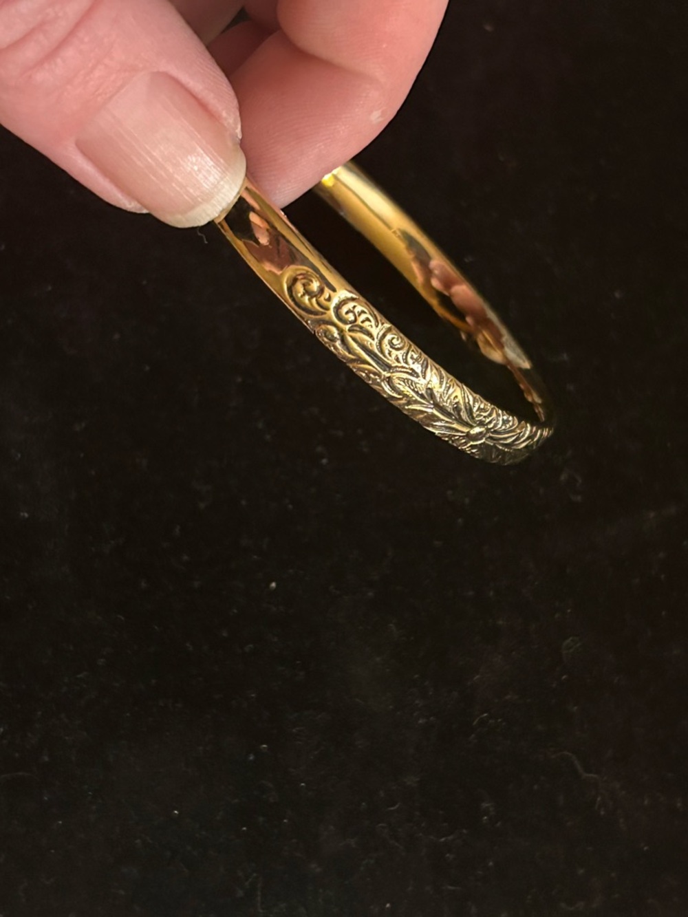 Whiting & Davis Gold Floral Engraved Bangle Bracelet